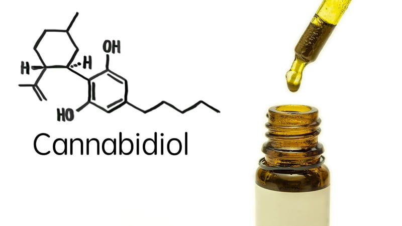 CBD oil with chemistry structure on white background